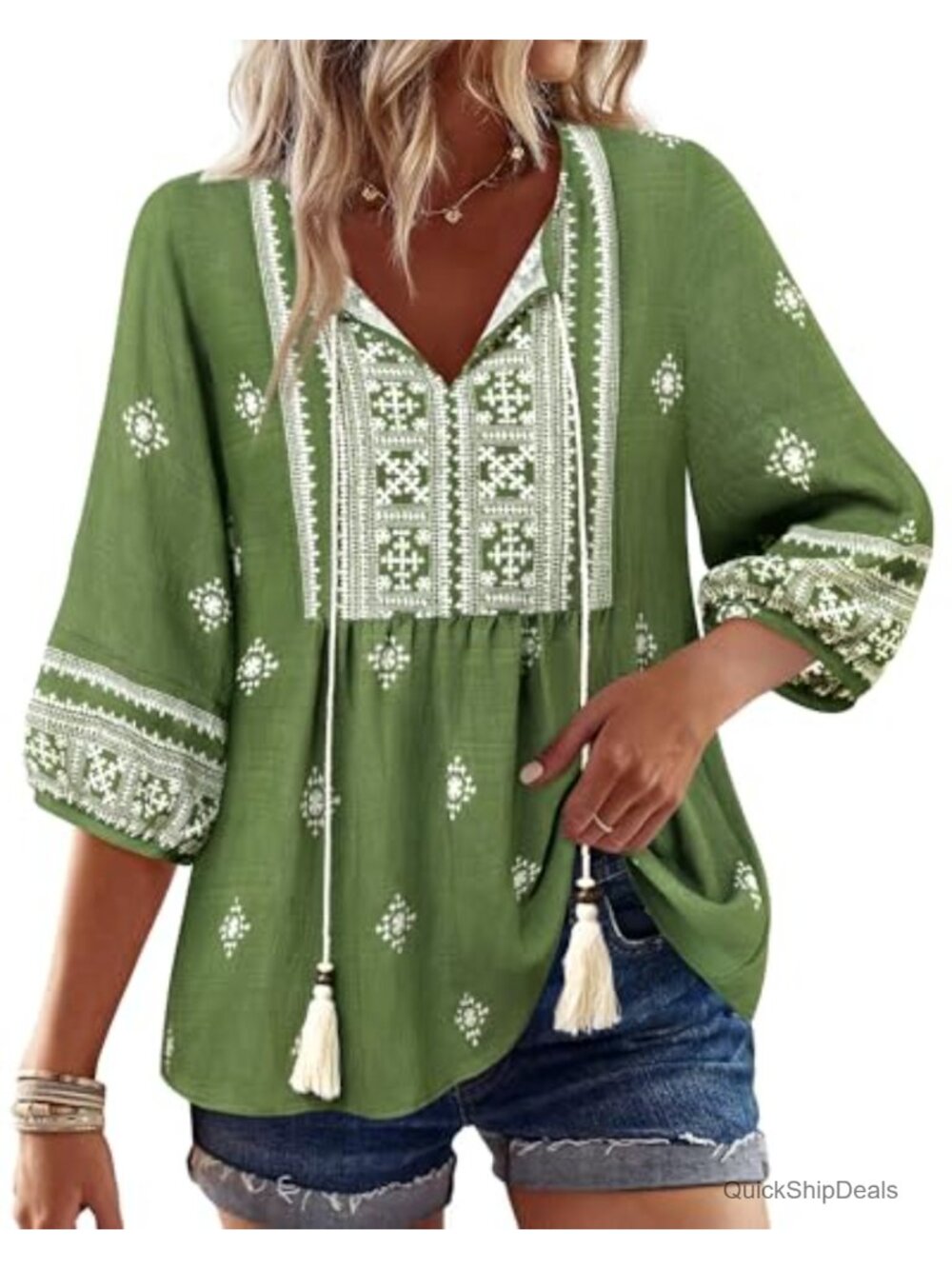 Womens Boho Babydoll Tunic Top 3/4 Sleeve Peplum Blouse V Neck Tie Front
